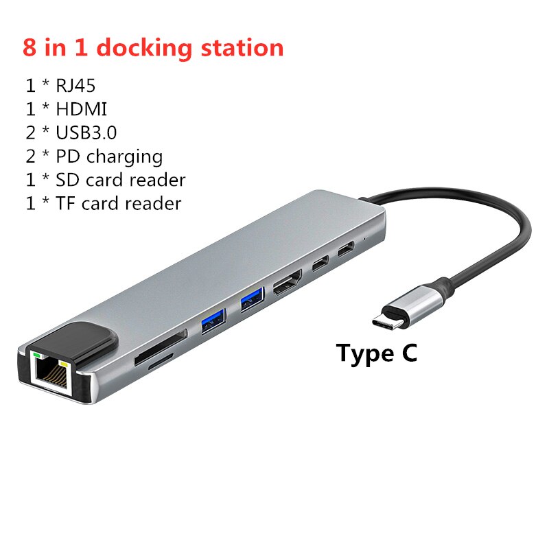 Tipo c doca estação hdmi-compatível usb3.0 rj45 pd USB-C hub 4k portátil portátil pd carregamento sd & tf adaptador docking station usb c: 8in1 rj45100M