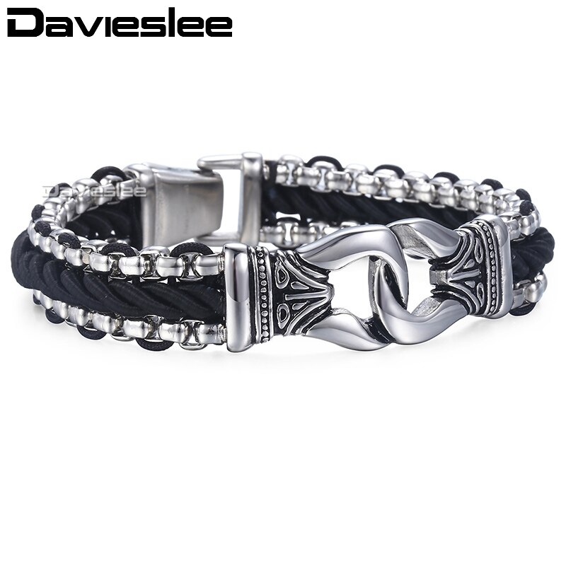 Davieslee Mens Man-made Leather Bracelet Stainless Steel Box Link Knot Charm Wristband 12/13mm Gold Silver Color DHB496