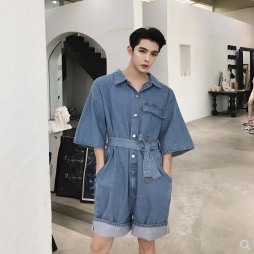 Summer Men clothing loose denim jumpsuit tooling short sleeves wide-legged pants set hairstylis costumes M-XXL