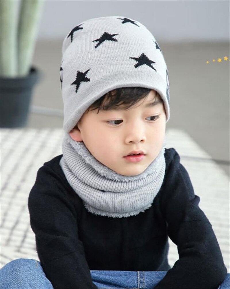 Kind Winter Muts Sjaal Set Jongen Meisjes Warme Pluche Mutsen Hat 2 Stuk Sets Kid Geometrie Print Mode Outdoor ski Cap Sjaals: Light Gray