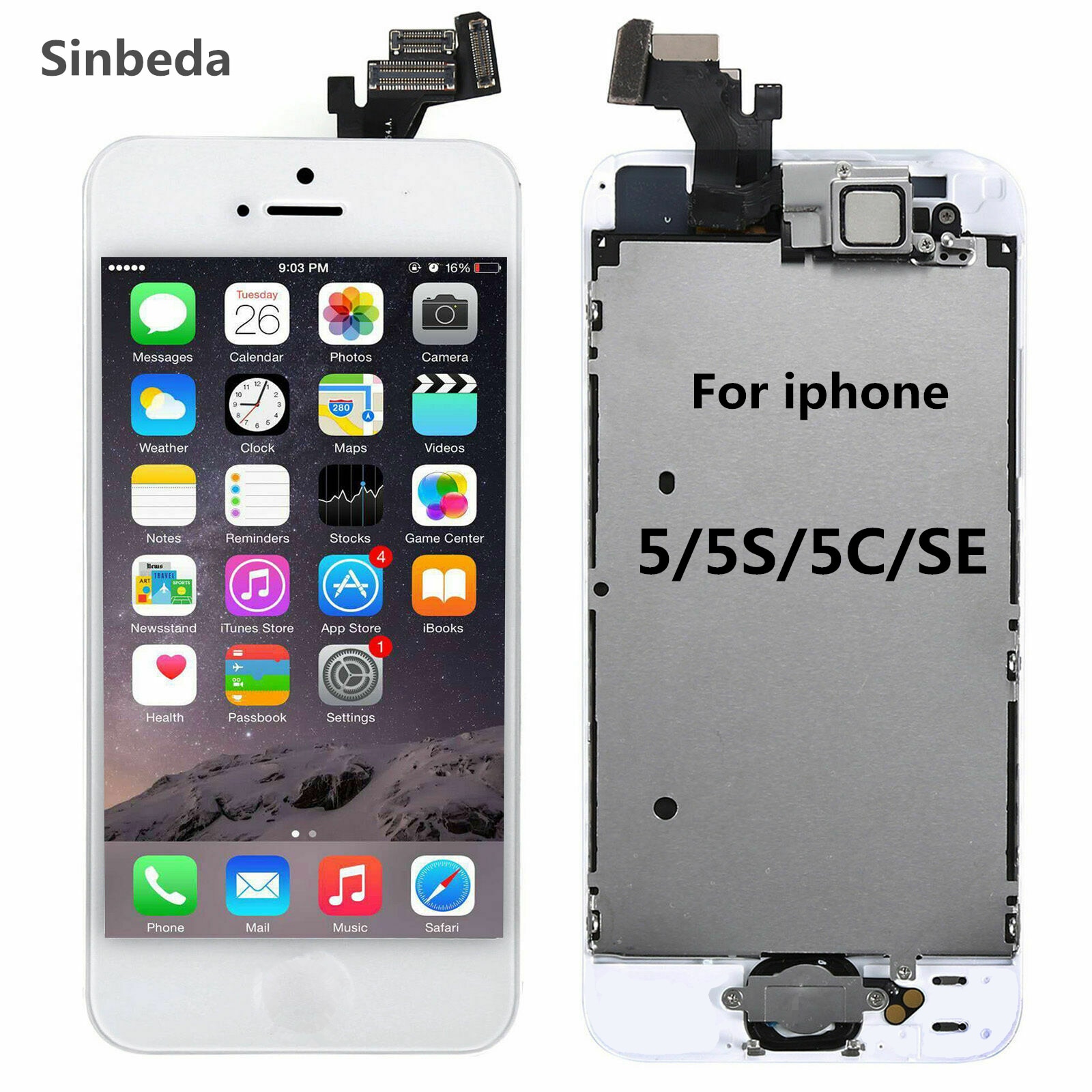 Sinbeda-pantalla LCD para iPhone 5 5s 5c SE, montaje de digitalizador con pantalla táctil LCD, botón de inicio, cámara frontal y altavoz para la oreja