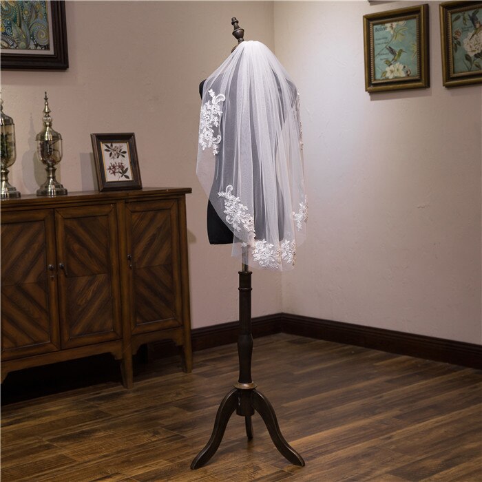 Velos nupciales velo de novia en Stock, corto de una capa a la cintura, con cuentas, apliques de diamante blanco o marfil