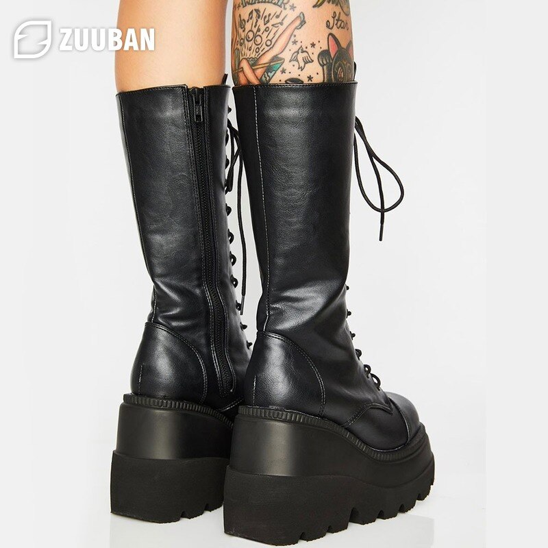 Botas hasta el muslo de cuero para mujer, botines con plataforma, cuñas de suela gruesa, zapatos guays góticos Punk, botas altas de talla 43