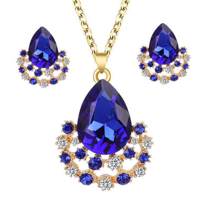 Conjunto de collar y pendientes con colgantes de cristal para mujer, conjunto de joyería nupcial, pendientes y collares de boda: Blue