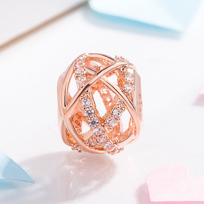 Genuine 925 Sterling Silver Bead Charm Openwork Rose Galaxy With Crystal Beads Fit Women Pan Bracelet & Necklace Diy Jewelr