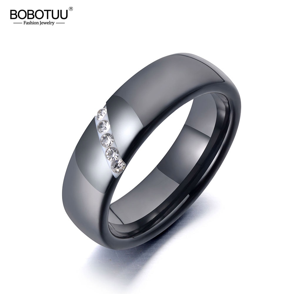 JeeMango Trendy Zwarte Keramische Crystal Wedding Ring Sieraden Voor Vrouwen Rvs Klei Rhinestone Engagement Ring JR19069