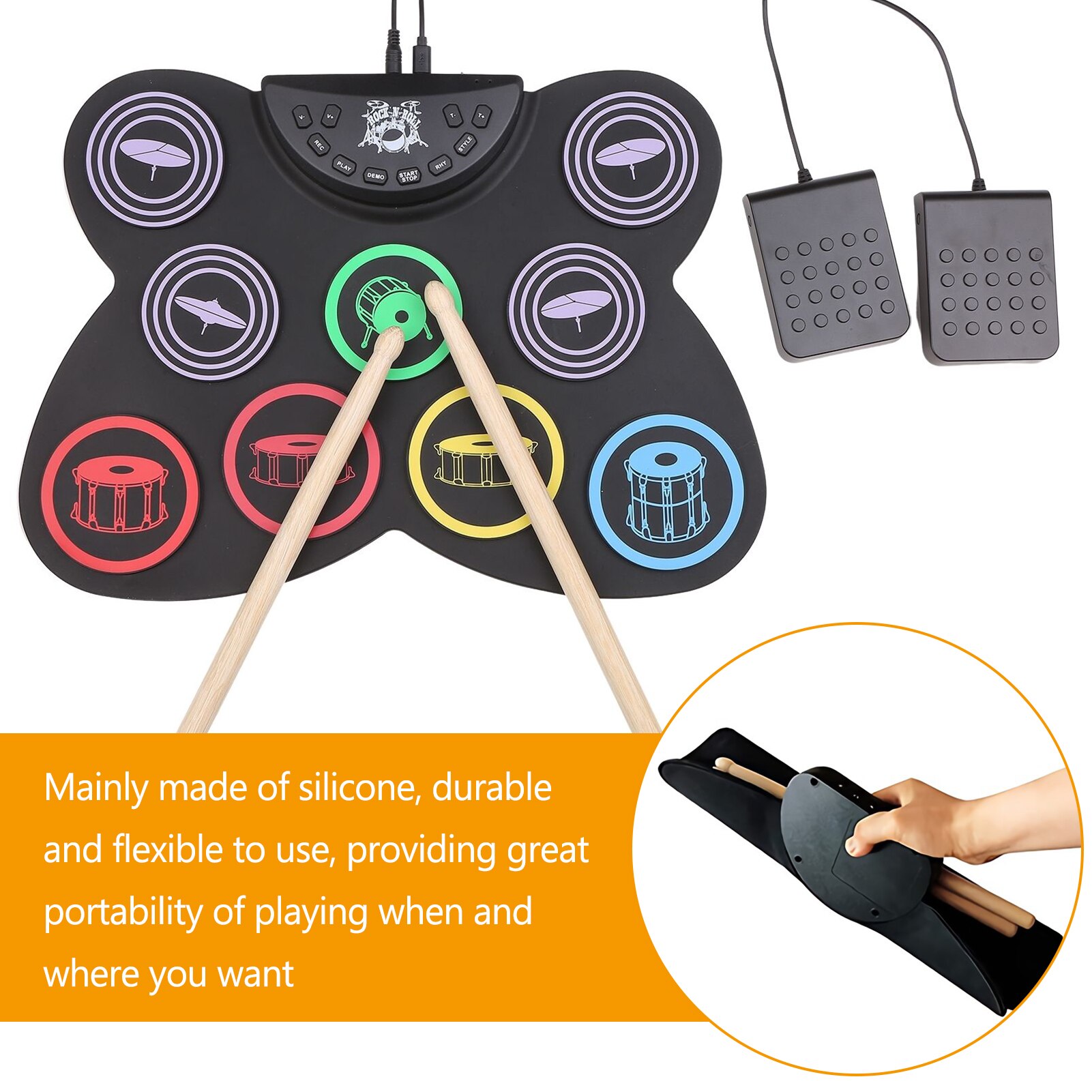 Ensemble de batterie électronique pliable en silicone, taille compacte, USB, coussin de batterie avec 9 tampons, pédales pour débutants
