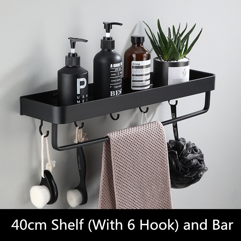 Badkamer Zwarte Plank Met Handdoek Bar Ruimte Aluminium Hoek Planken Handdoekenrek Met Haak Shampoo Houder Keuken Opbergrek: 40cm with bar  hook