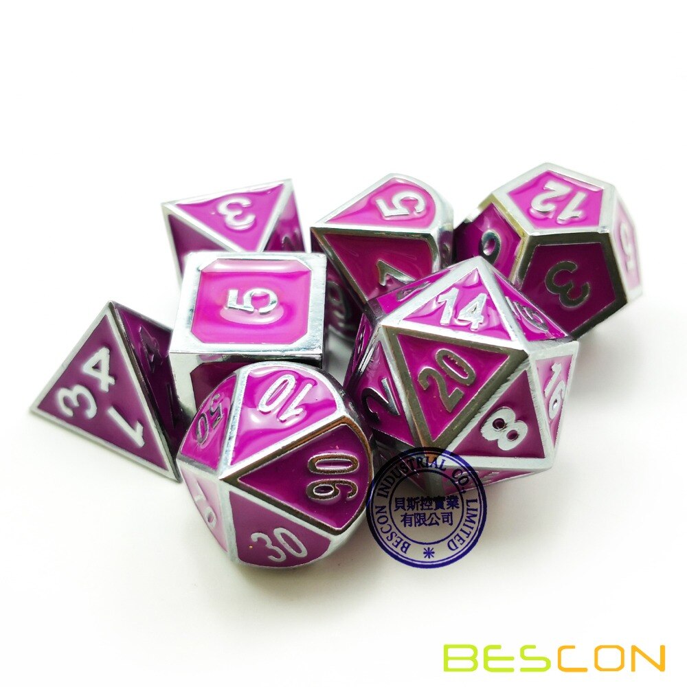 Bescon Deluxe Creatieve Glanzend Zilver en Paars Emaille Effen Metalen Polyhedral Rollenspel RPG Game Dice Set van 7