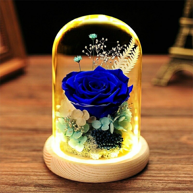 Moeder Dag Aanwezig Kunstmatige Eeuwige Bloem Thuis Bruiloft Decor Met Led Valentijnsdag Kerstmis Nieuwjaar Eeuwige Rose In Glas: HGA002113-Blue