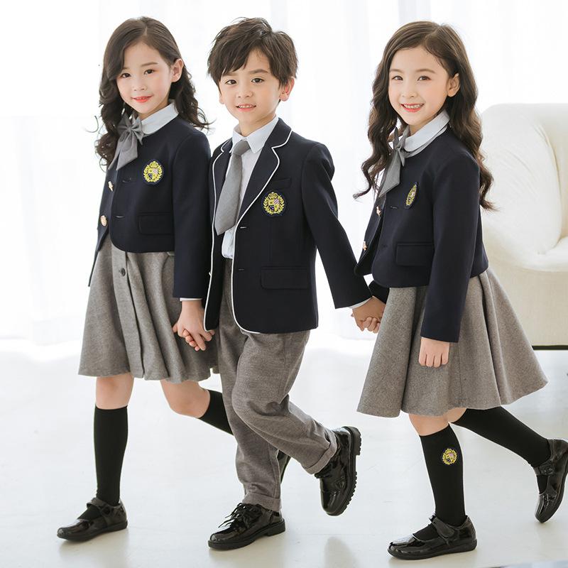 Kinder Herbst Britischen Schuluniform Jungen Mädchen Grau Kleidung Anzug Blazer Mantel Kleid Japan Student Uniform Schule Mädchen Outfit