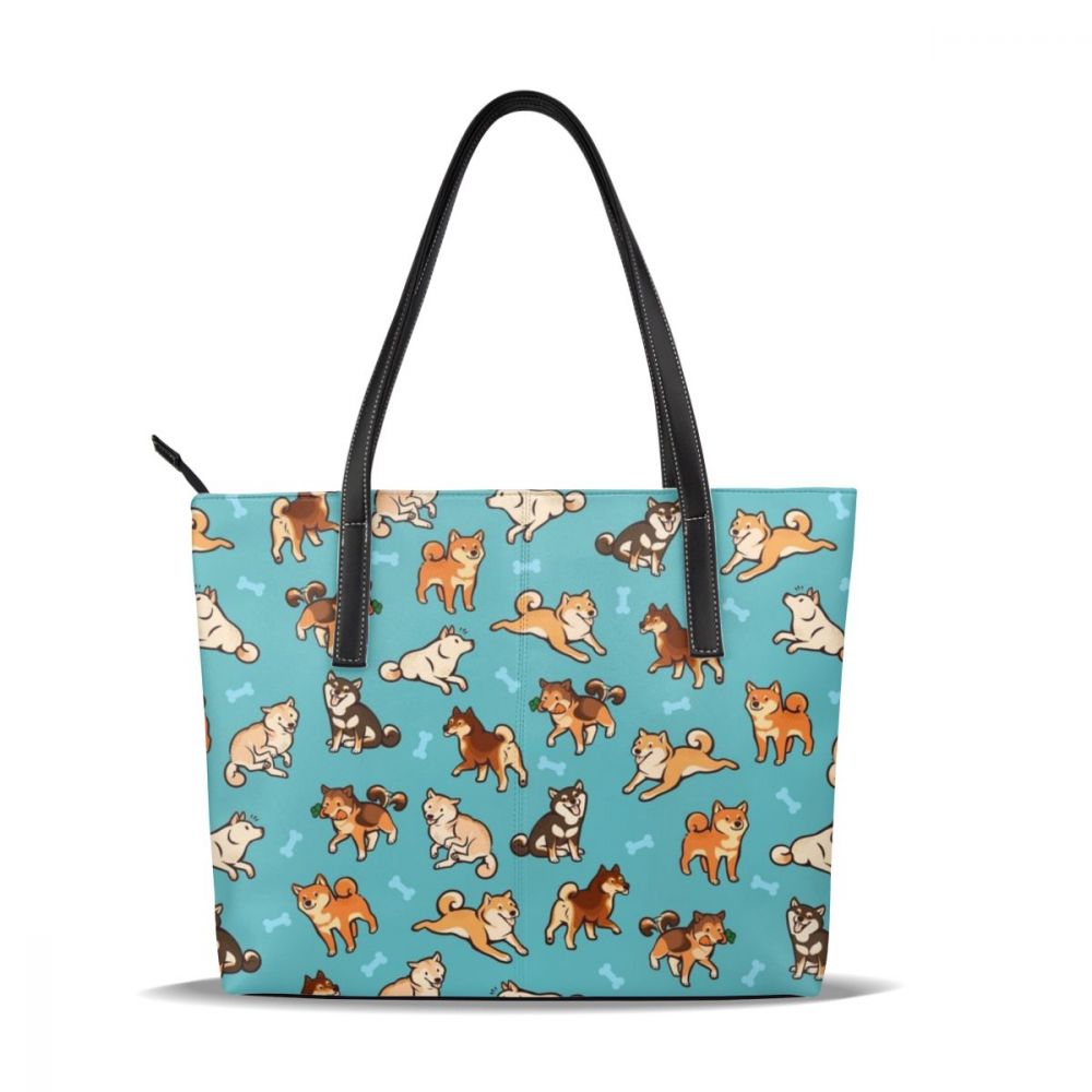 Shiba Inu Tote Taske - Cartoon Mønster - Kunstlæder - Lynlås Lukning - Alsidig Kvinder Håndtaske