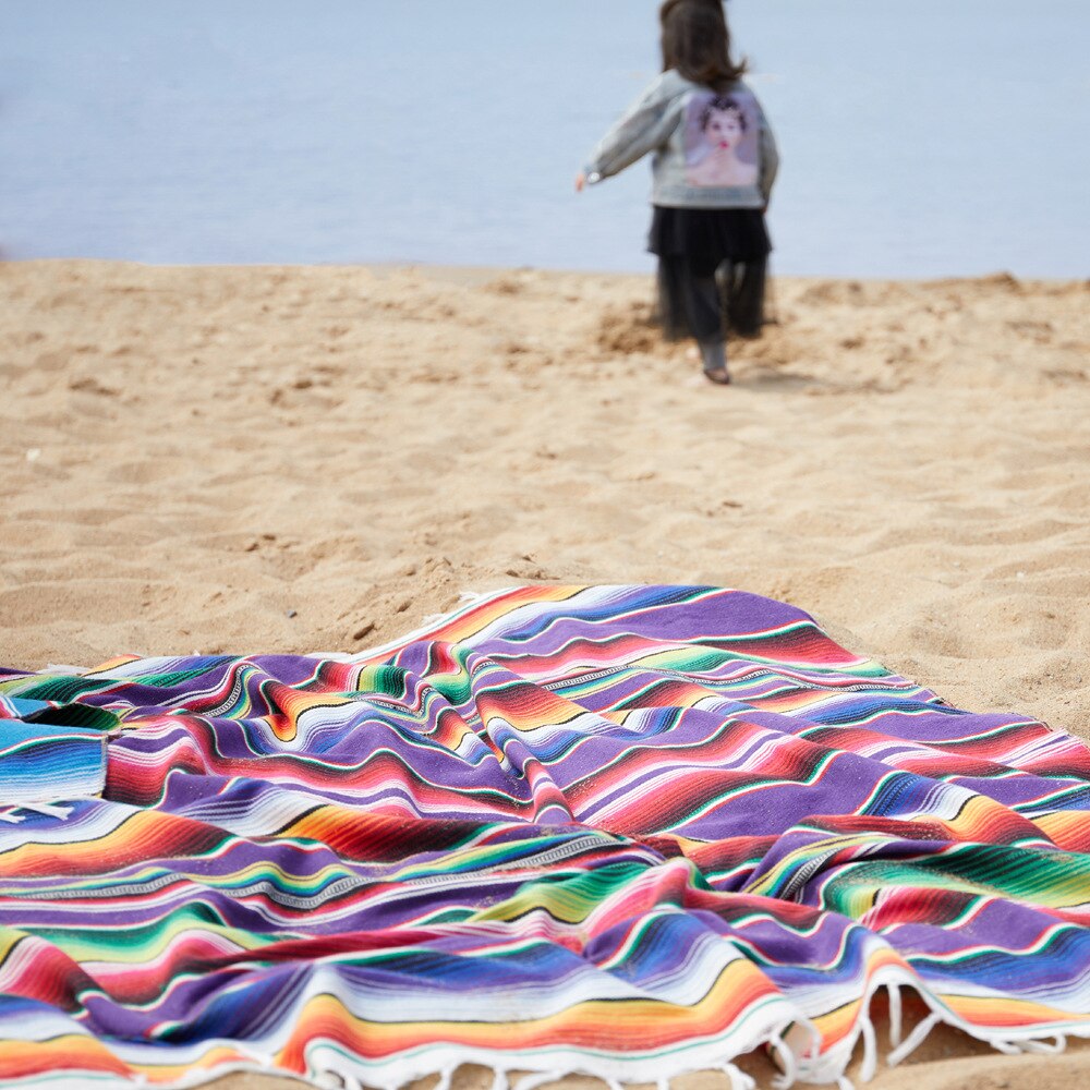 Manta de playa de estilo étnico, 8 colores, tapicería para el hogar, camping, Picnic, viaje, avión, esterilla de algodón, India mexicana, cobija de arcoíris hecha a mano: PURPLE / 120x180cm