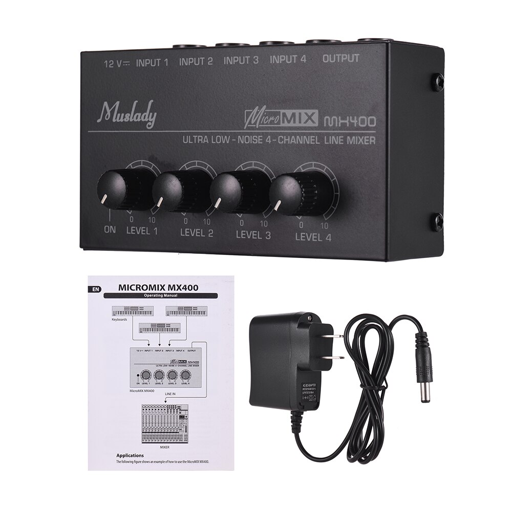 Muslady MX400 Ultra-compact Low Noise 4 Channels Line Mono Audio Mixer Accessories: Black US plg