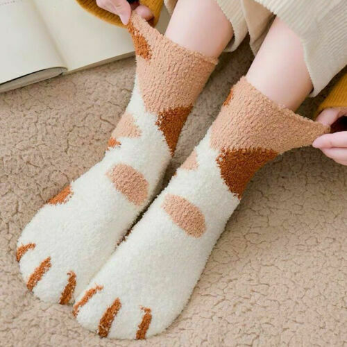 Calentadores de la pierna del bebé invierno Bebé niñas adorable garra de gato grueso cálido dormir calcetines de lana de Coral de Patchwork de impresión