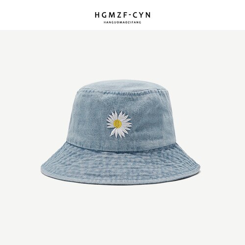 Ins koreansk daisy broderi spand hat kvinder mænd panama sommer solhat blomst bob vasket denim fisker hat: Lyseblå