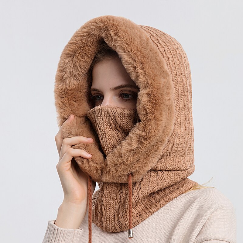 Talviturkis lippis maski setti hupullinen naisille neulottu kashmir kaula lämmin balaclava suksi tuulenpitävä hattu paksu pehmoinen pörröinen pipot huppu: Karamelli