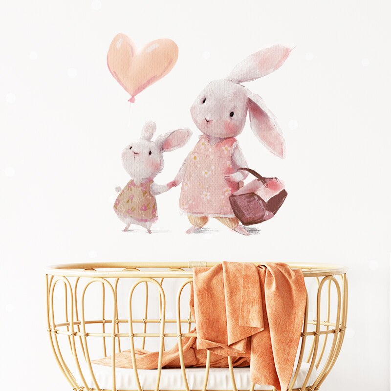 Aquarel Bunny Baby En Bunny Moeder Met Airballoon Muurstickers Kinderkamer Muurstickers Home Decor Decoratieve Stickers