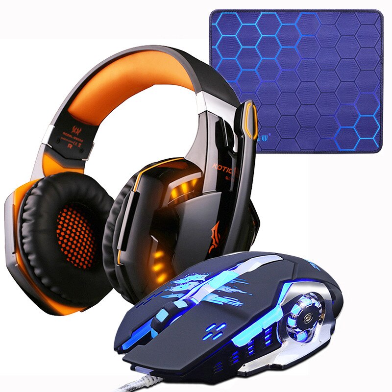 Gaming Headset Hoofdtelefoon + Wired Gaming Mouse Muizen 4000 dpi Bass stereo Gamer Oortelefoon + Gaming muismat Combinatie Voor laptop PC: G2000Orange Pad Mous