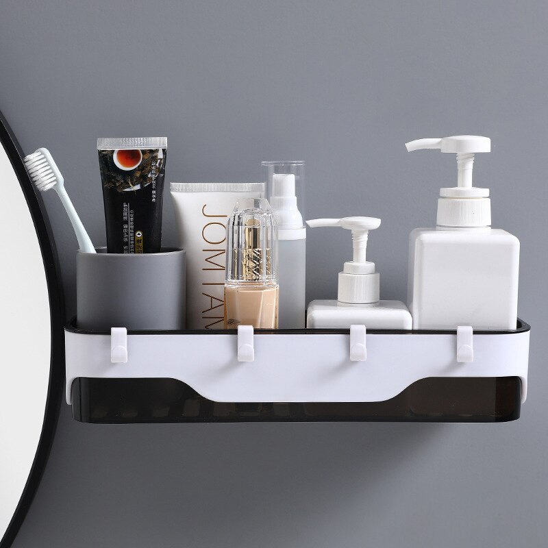 Wall-mounted Storage Rack Bathroom Shelf For Kitchen With Hooks Storage Bathroom Accessories Without Drill Plastic Container: Transparent-Black