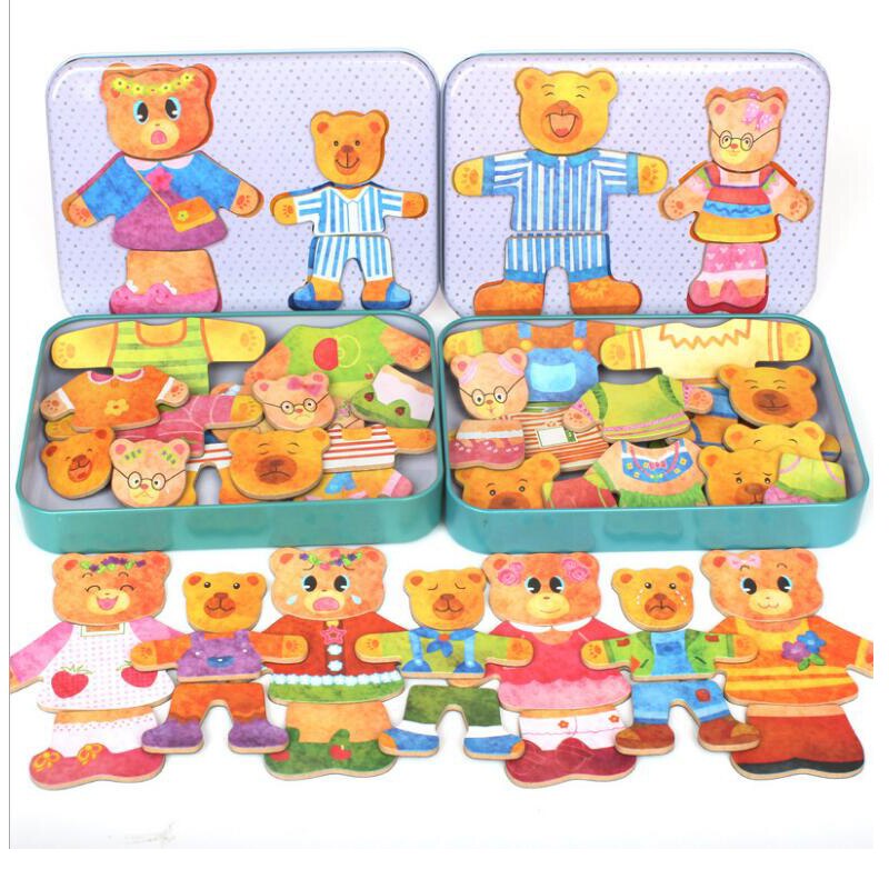 Houten Dier Puzzel Speelgoed Kleine Beer Magnetische Jigsaw Board Speelgoed Voor Kinderen Vroege Educatief Speelgoed Bijpassende Dressup Voor Kid