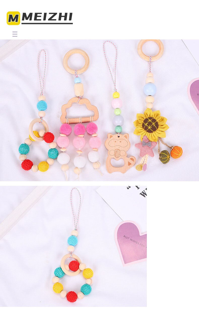 Meizhi Zachte Anti-Vallen Babykamer Decoratie Hanger Gekleurde Wol Kraal Soort Houten Ring Hanger Vier Stuk Kind molaire Speelgoed