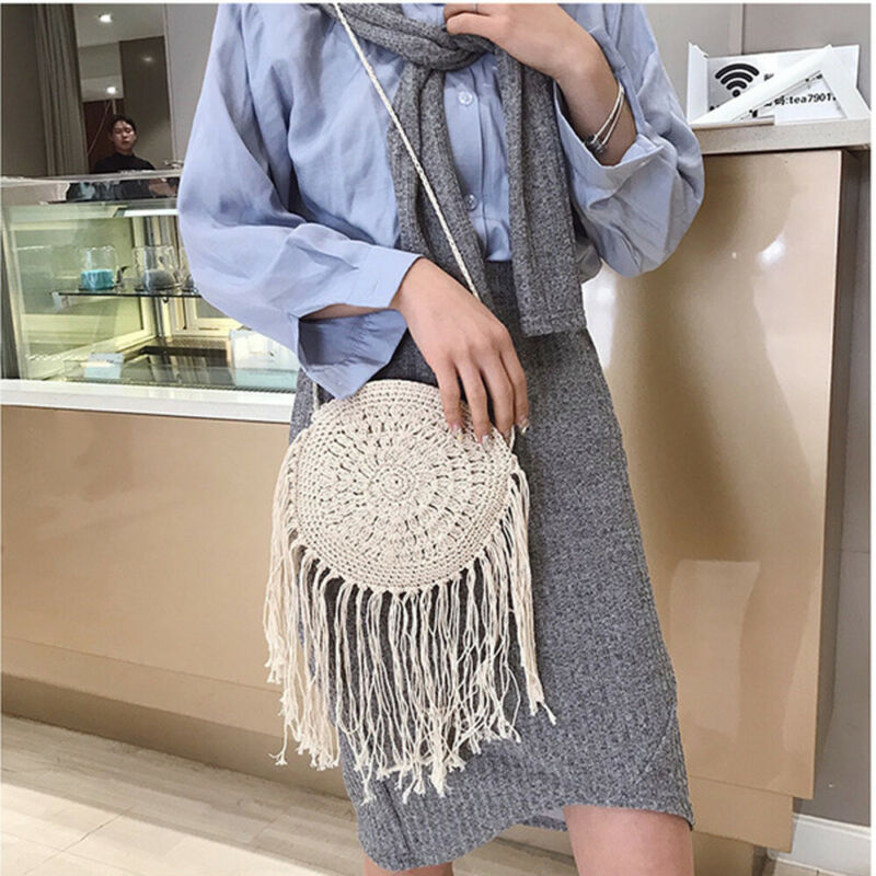 Dames handtassen ronde strozak dames tas met kwastje crossbody tas geweven rotan messenger bags handtas effen tas met kwastje: Wit