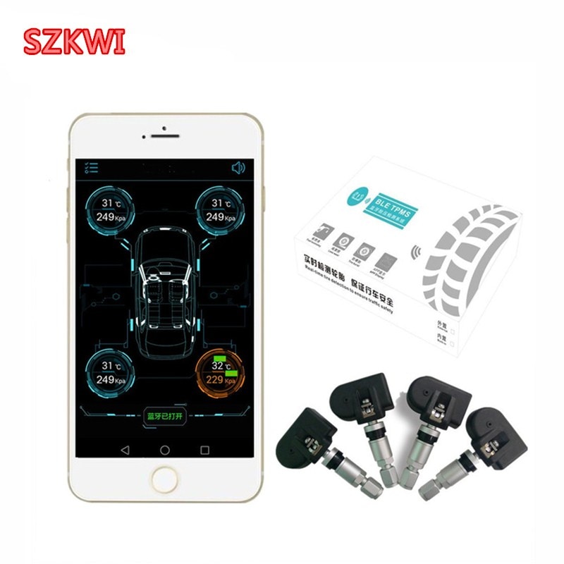 Smart Car TPMS Bluetooth 4.0 Tyre Tire Pressure Monitoring System APP Display 4 Internal/External Sensors Support Android IOS