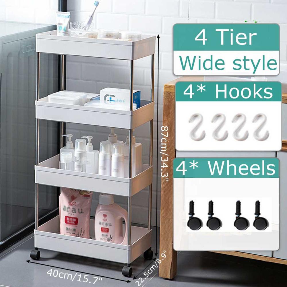 4 Layer Gap Kitchen Storage Rack Slim Slide Tower Movable Assemble Plastic Bathroom Shelf With Wheels Space Saving Organizer: 4 Tier Wide style