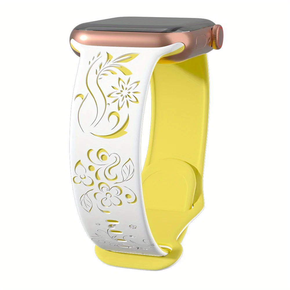 Silicone Floral Engraved Strap For Apple Watch 38/42/46mm 41/44/45mm 49mm Sport Bracelet For iWatch Series 10/9/8/7/6/Ultra Band: Beige / 12mm