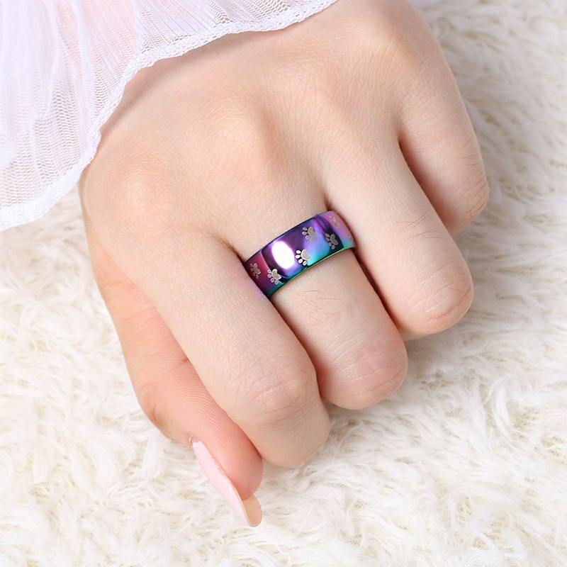 Nette Katze Hund Pfote Ring Schmuck Breite 8mm Edelstahl Regenbogen Ringe für Männer und Frauen Haustier Ebene Schmuck liebhaber