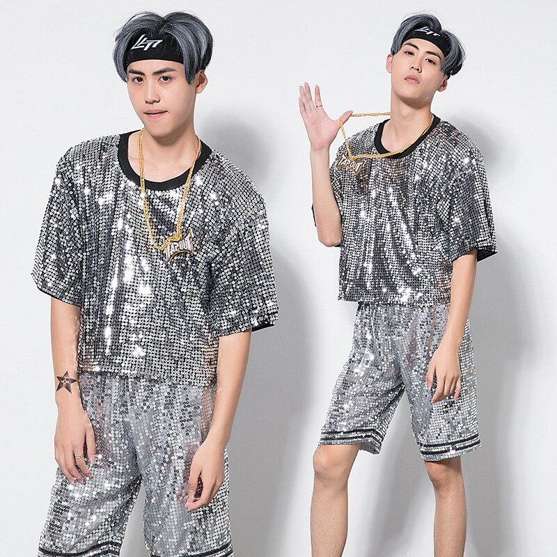 Lentejuela brillante traje de escenario de manga corta trajes de baile de Jazz Tops + Pantalones para hombres Hip Hop Bar bailarines de Dj masculino Dancer Wear BL1221