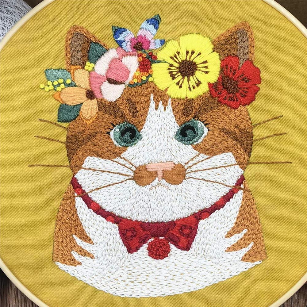 Kit de bordado a mano para principiantes, fácil punto de cruz con patrón de animales, gato, DIY, incluye hilo de Aro y herramienta de aguja