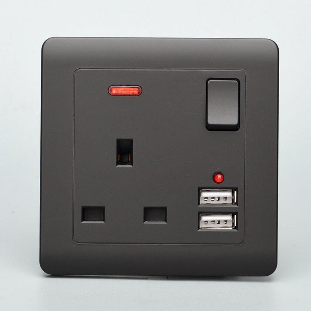 Wall Socket UK Plug 2 USB Charger Port Outlets Plate Single Switch Black