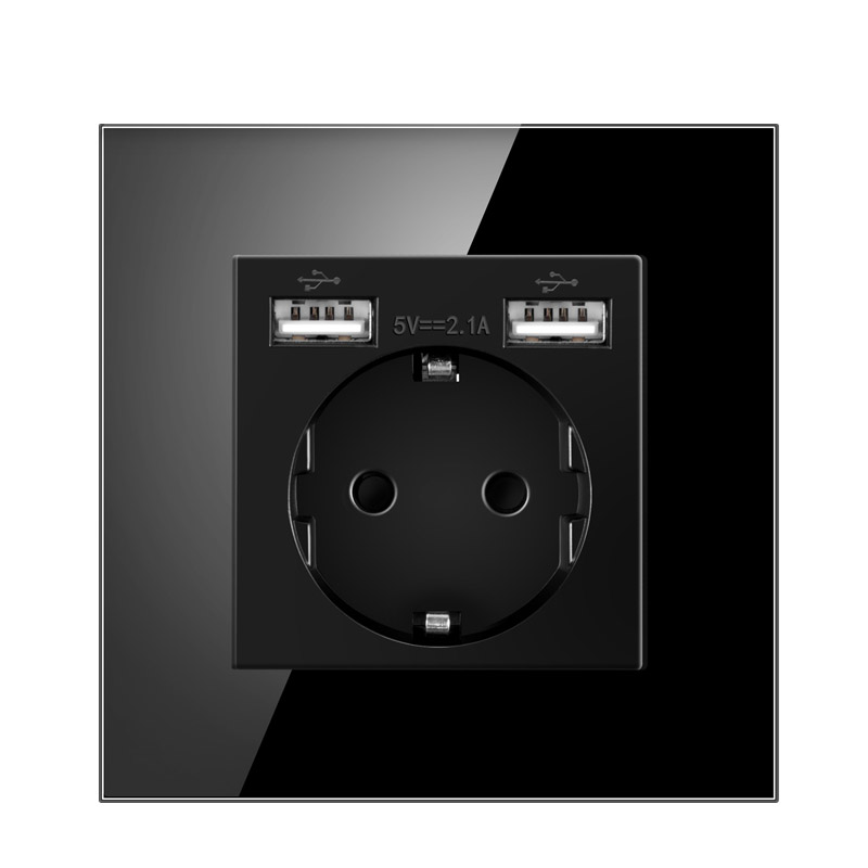 NYWP Russie Espagne prise d'alimentation, prise de courant mise à la terre 16a, avec sortie USB, panneau en verre 86mm * 86mm: Bleu