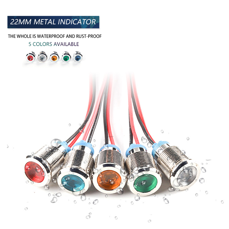 22mm LED Metal Indicator light waterproof Warning Light Signal lamp with wire 3V 6V 12V 24V 110V 220V Red/Yellow/Blue/ Green/Wh