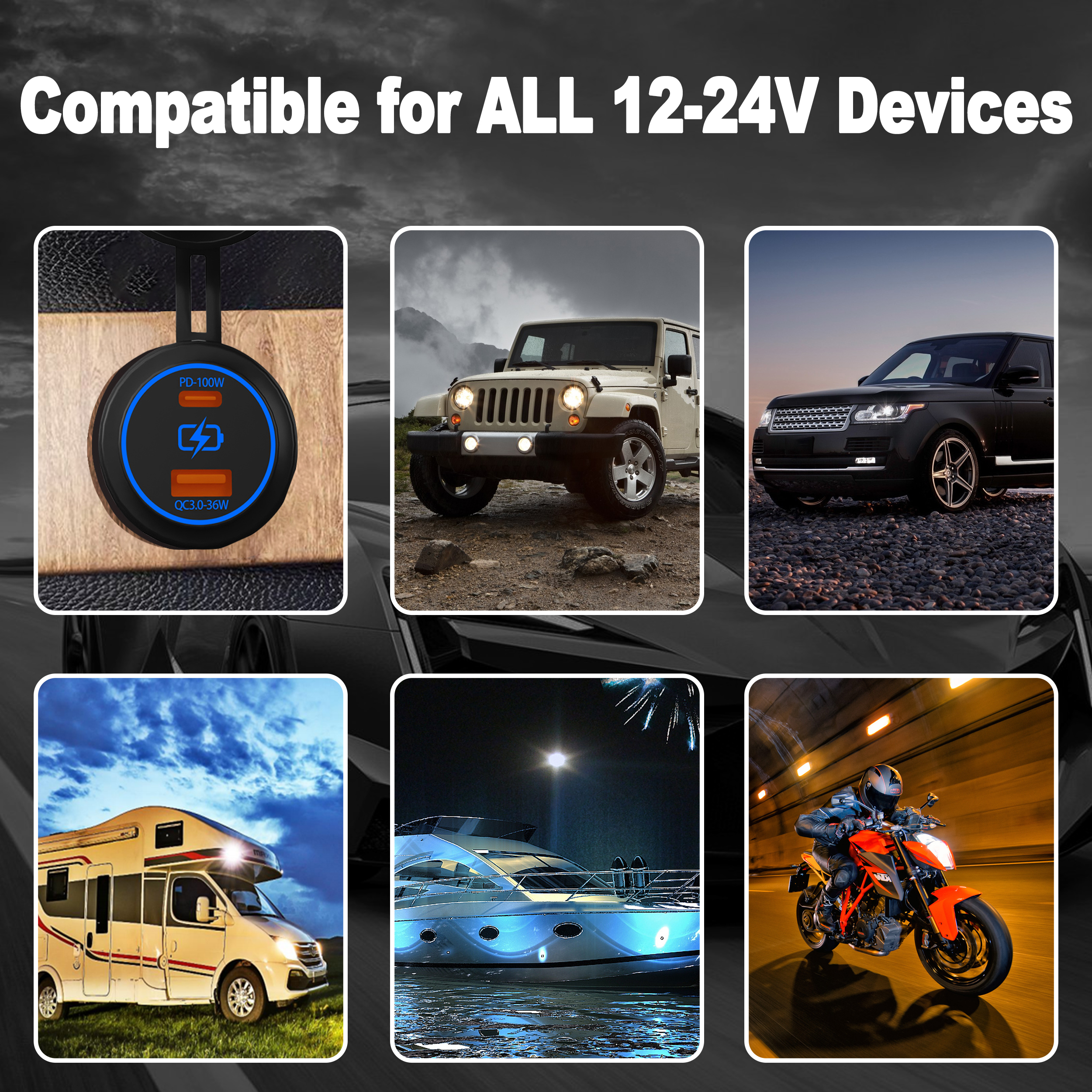 PD 100W snellader en QC 3.0 snelle voeding met blauwe LED dubbele USB autoladeradapter voor auto marine vrachtwagen camper waterdicht