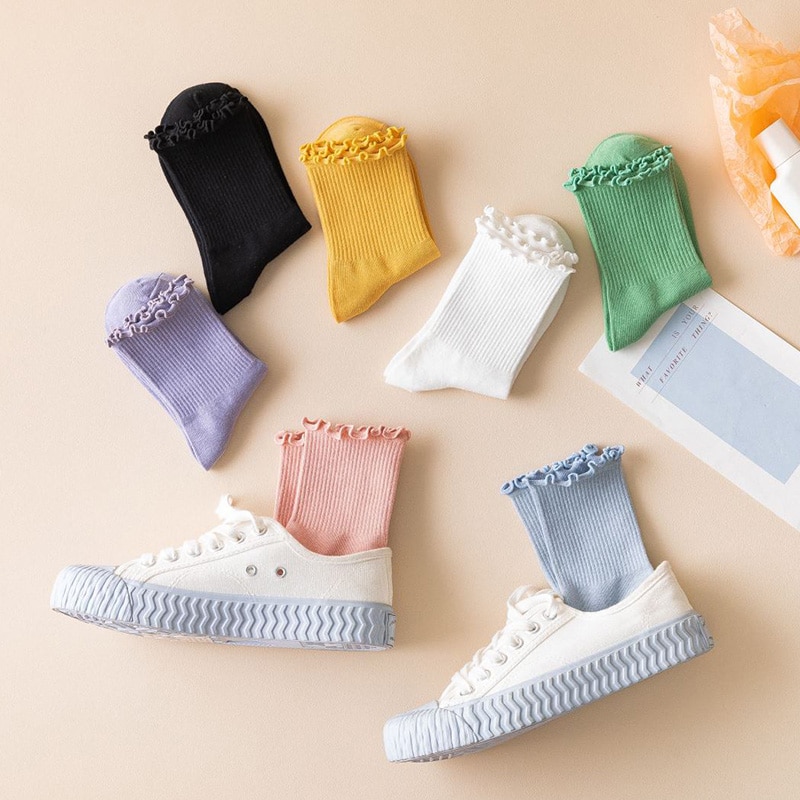 Röyhelöiset röyhelösukat naisille pitsiset söpöt yksivärinen harajuku puuvilla kawaii onnellinen syksy talvi pitkät korkeat naisen sukat tyttöjen sukat