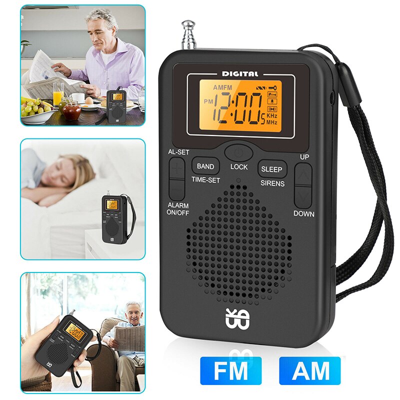 Draagbare Am Fm Mini Radio Luidspreker Met 3.5Mm Koptelefoon Aansluiting Led Display Wekker Pocket Radio Speaker Outdoor Emergency