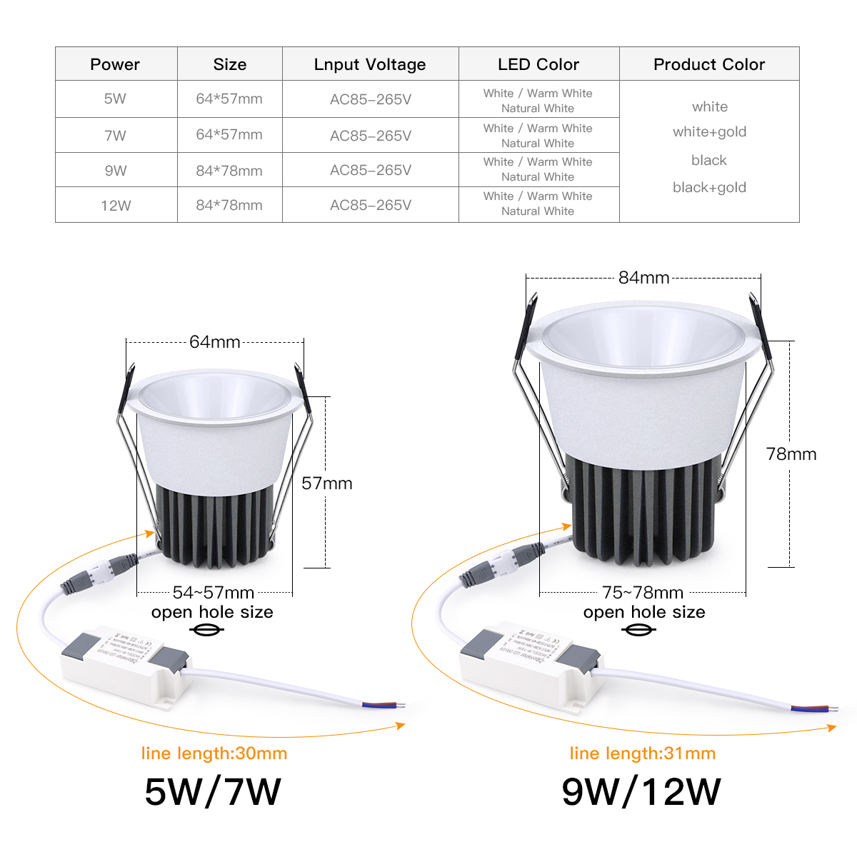 Indbygget aluminium cob led led spotlight pære led spotlight 7w 12w downlight loftslampe rumbelysning 85-265v