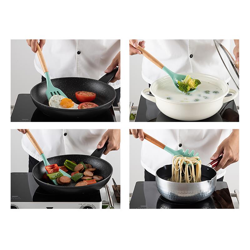 Mint Green Kitchen Utensil Non-Stick Wood Handle Cooking Utensil Premium Silicone Material Baking Spatula Spoon Kitchen Supplies