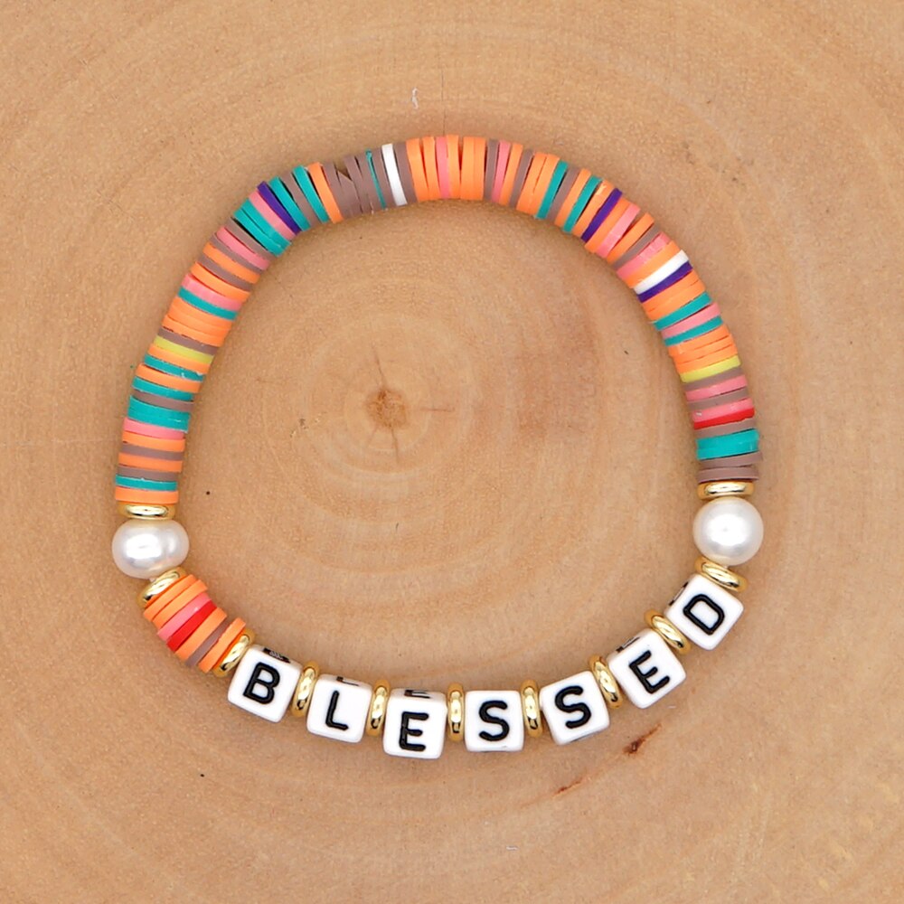 GO2BOHO Rainbow Polymer Clay Bracelets Heishi Disc Beads Bracelet Women Blessed Letter Summer Beach Pearl Pulsera Jewelry: QT-B200146D