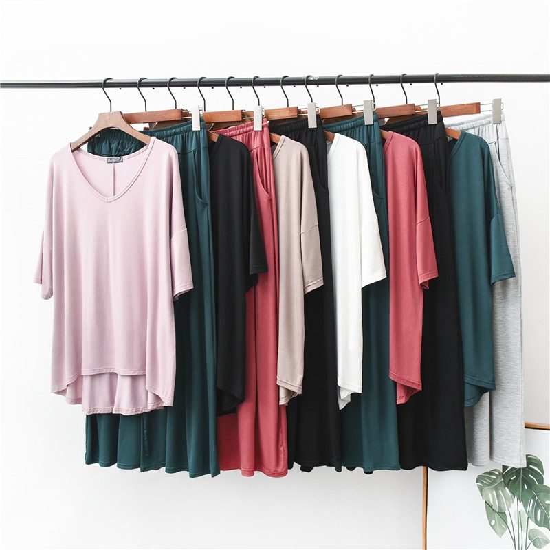 Pliktea Pyjamaset - Dames V-Hals T-shirt & Lange Broek - Effen Modal Spandex