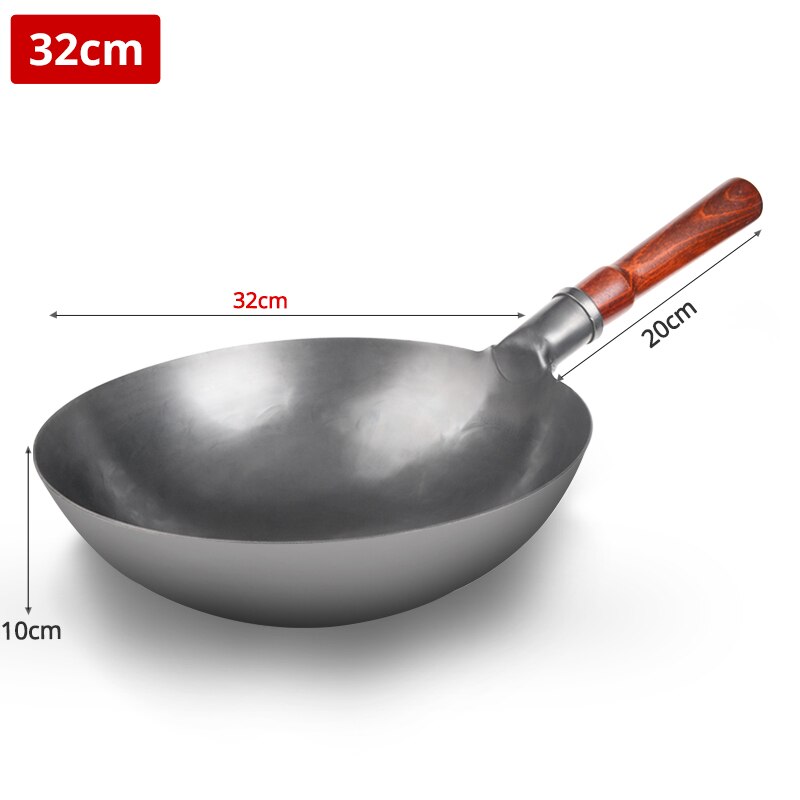 Fypo Non-stick Ijzeren Wok Gietijzeren Wok Voor Keuken Ongecoat Kookpot Afneembare Houten Handvat Lichtgewicht Gas Fornuis kookgerei: 32cm