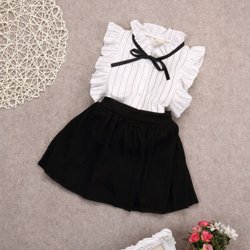 2 STUKS Set Meisjes Jurk Kinderen meisje gestreepte mouwloze Tops + solid Rok Outfits Kleding set