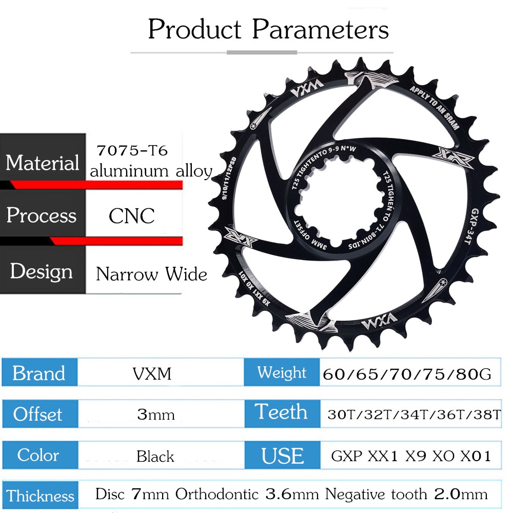 VXM MTB GXP bicicleta platos y bielas piñón fijo manivela 34T 36T 38T 40T engranaje Chainwhee sram gx xx1 X1 x9 GXP pedivela Offset 3MM