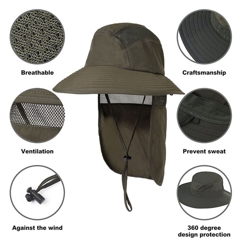 Summer Men UPF 50+ Sun Protection Cap Wide Brim Fishing Hiking Hat With Neck Flap Neck Cover Bucket Hat W
