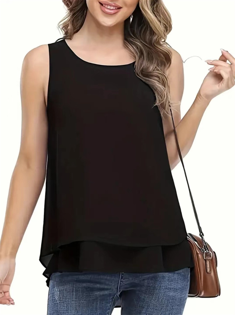 Dames Zomer Eenvoudige Stijl Chiffon Blouses Shirts Dame Casual Mouwloze O-hals Effen Kleur Dubbellaags Tanktop: S / Black