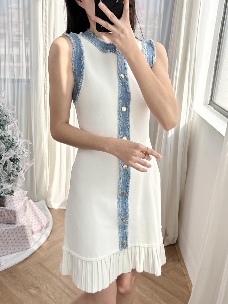 Vestido vaquero avanzado de retazos para mujer, vestido sin mangas con borde con volantes y cuello redondo para ir al trabajo, primavera y verano: S