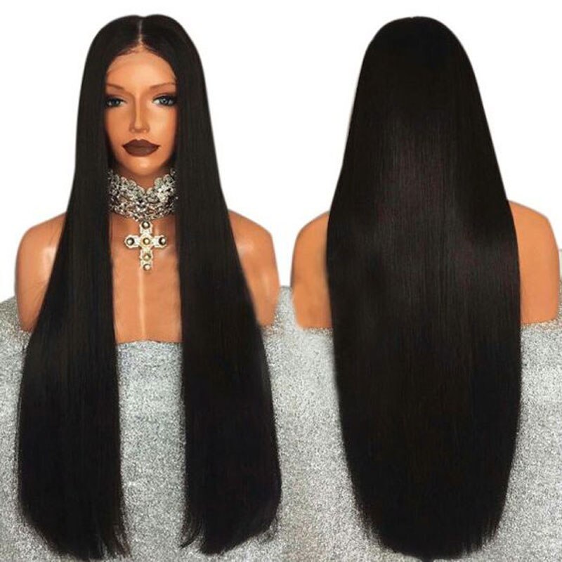 Bombshell svart rak syntetisk 13*3 spets främre peruk värmebeständigt fiber hår naturligt hårfäste mittavstånd för kvinnor peruker